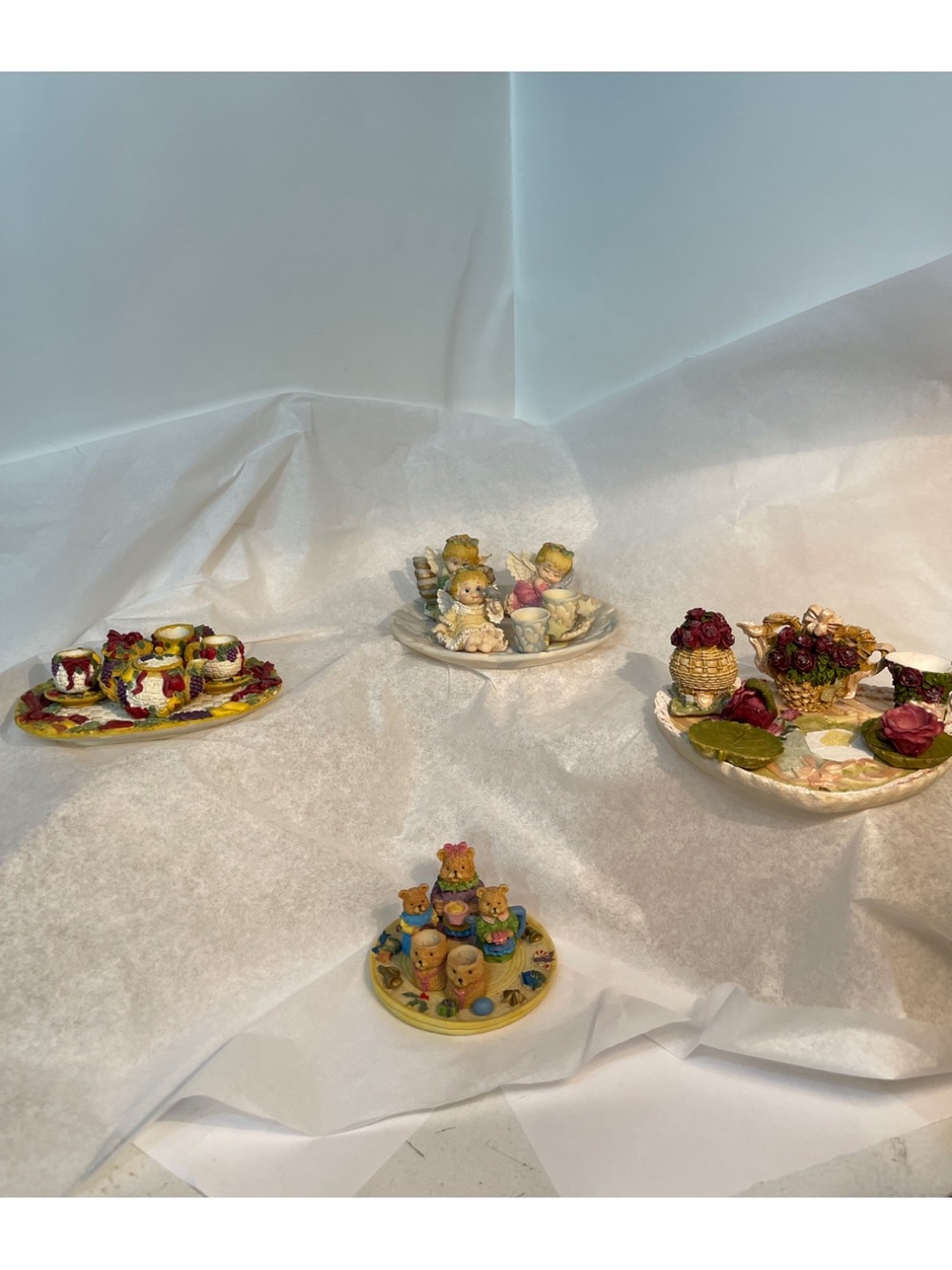 Vintage 4 Sets 33 Pcs Miniature PolyResin  Figurines Children’s Tea Setting!